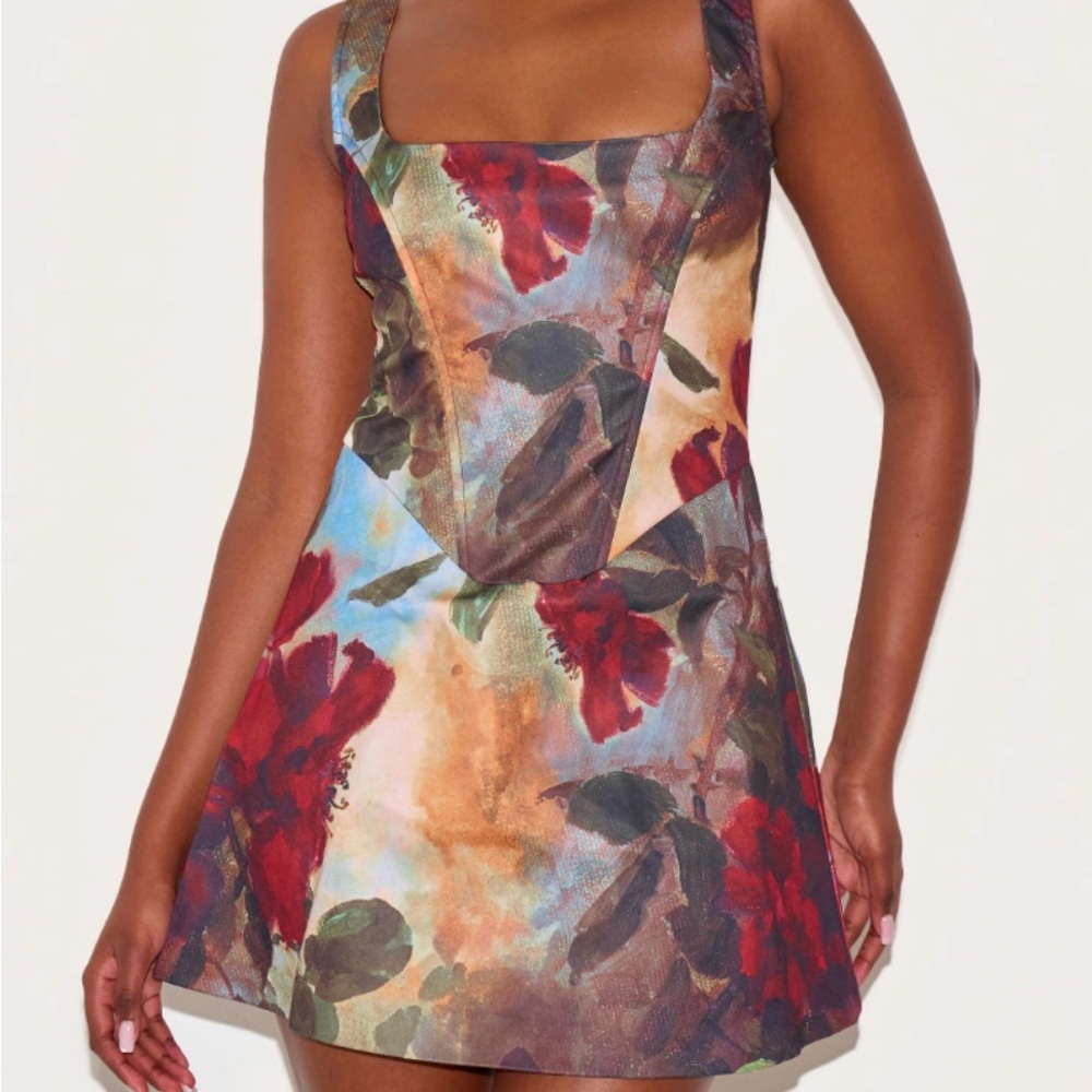 Dark Red Floral Corset A Line Shift Dress
